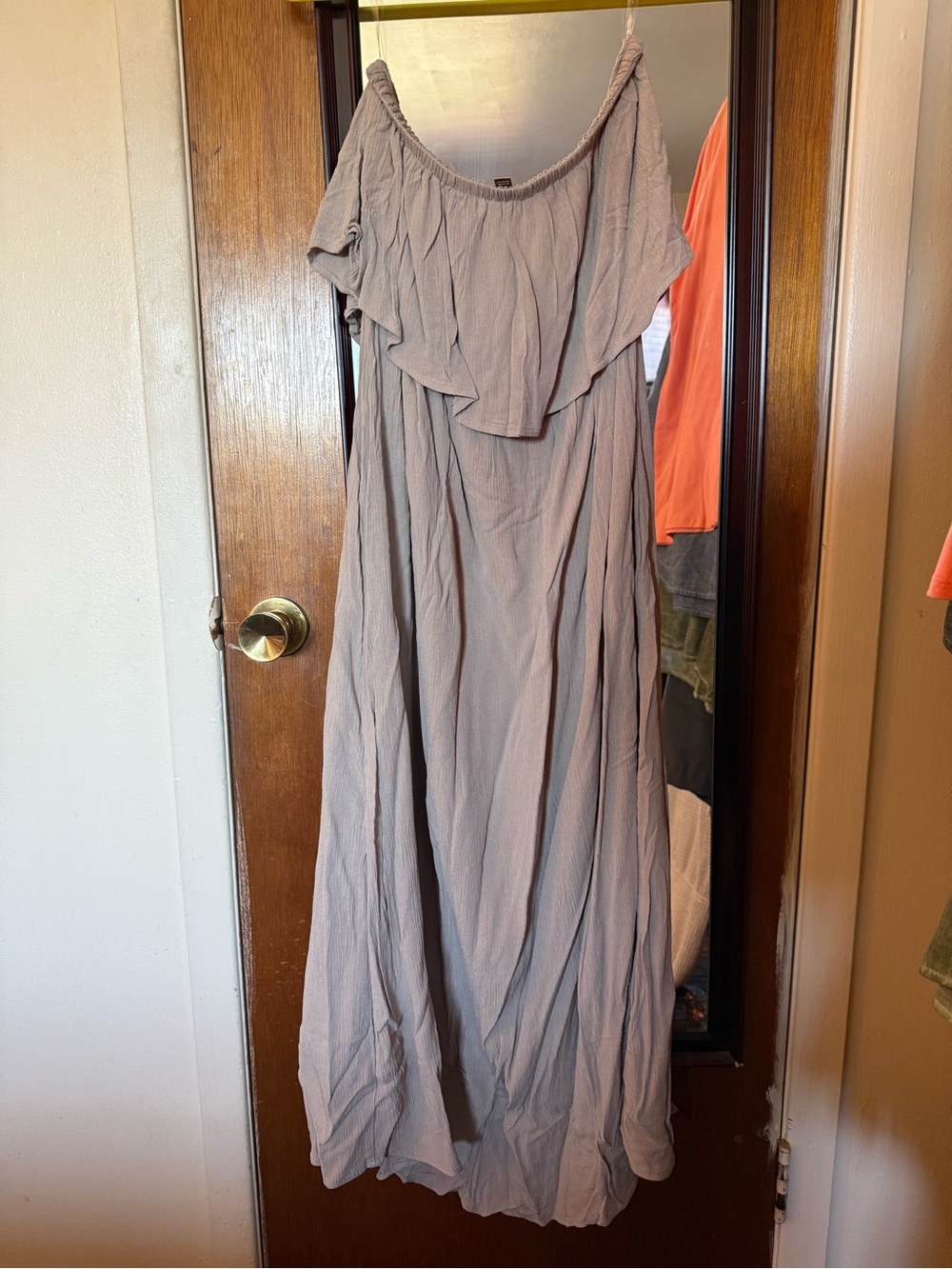 Zenana Off-Shoulder Ruffle Maxi Dress in Taupe